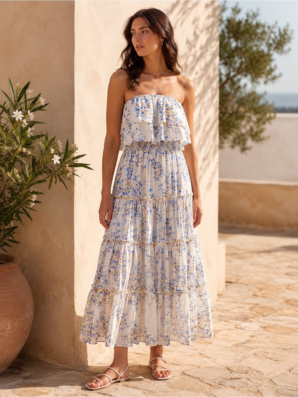 1. STATE White Blue Floral Strapless Smocked Tiered Maxi Dress LARGE